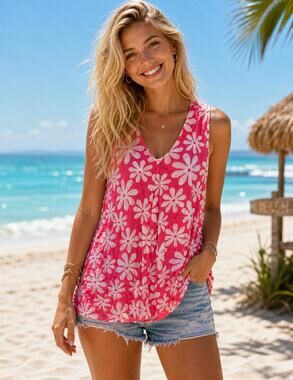 Lulu B Floral Tank Womens Medium Neon Pink White Daisy V-Neck Sleeveless Top